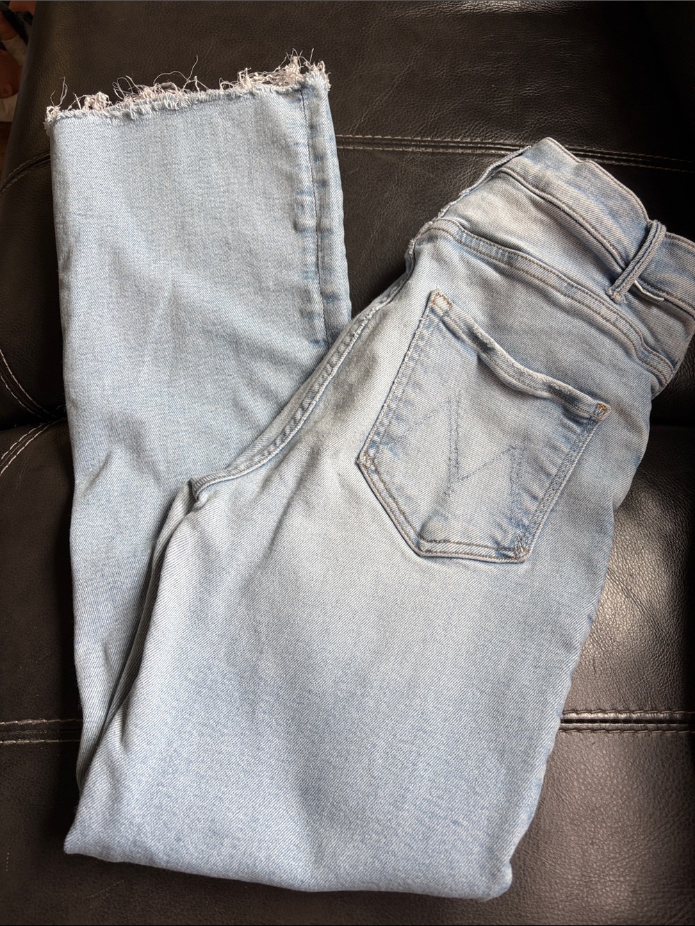 Mother Denim The Hustler Ankle Fray Light Wash Flare Jeans Size 29 Blue Raw Hem